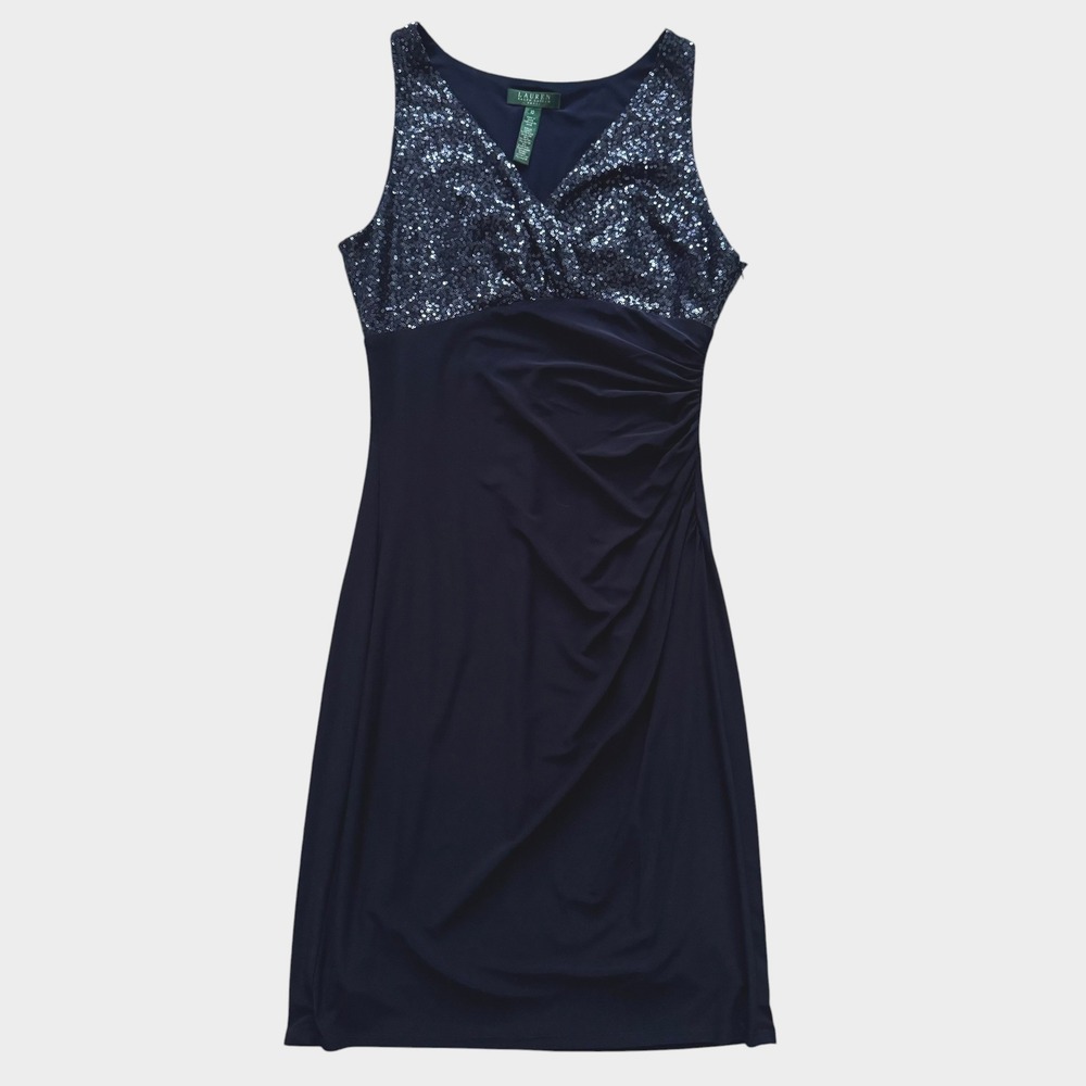 Lauren Ralph Lauren Navy Blue Sequin Ruched Sheath Cocktail Dress 10 elegant